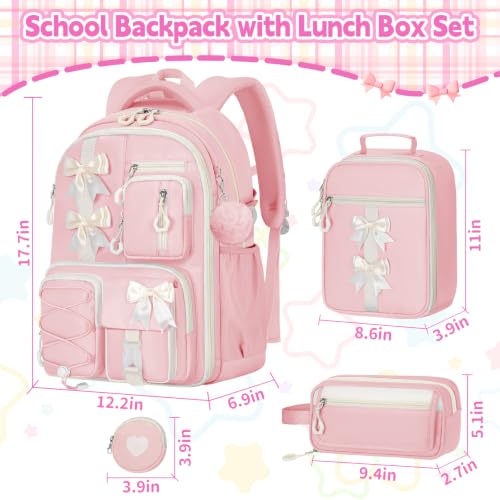 Girls Backpack with Lunch Box Set, 4 PCS Cute Kawaii School Bookbag for Elementary Girls, Pink Aesthetic Large Laptop Backpack for Kids & Teens - color: Pink
