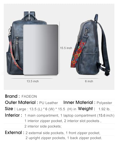 FADEON Leather Laptop Backpack for Women Designer 15.6 inch PU Laptop Bag, Ladies Travel Computer Work Backpack Blue - color: Dusty Blue Retro Style