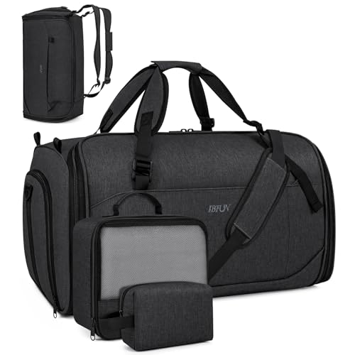 Convertible Garment Bags for Travel - Carry on Garment Duffle Bag with Backpack Straps for Men Women, 4 in 1 Large Travel Duffel Bags with Shoes Compartment Hanging Suit Dress Weekender Bag 3pcs Set - color: C-Black