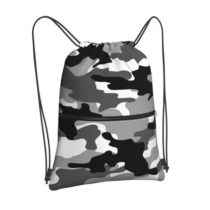 Black White Camo Drawstring bag, Camouflage Men Camping Gym Drawstring Backpack, Women Outdoor Sports Travel Sackpack Bag with Front Zipper Pocket and Inside Zipper Pocket - Can Keep Key or Phone - color: Black White Camo