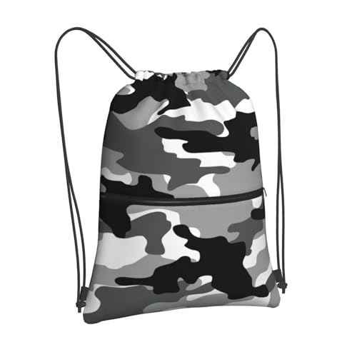 Black White Camo Drawstring bag, Camouflage Men Camping Gym Drawstring Backpack, Women Outdoor Sports Travel Sackpack Bag with Front Zipper Pocket and Inside Zipper Pocket - Can Keep Key or Phone - color: Black White Camo