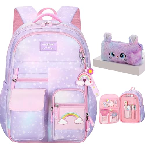 Kids Backpack for Girls Girls Backpack Rainbow School Bag for Elementary Primary School With Pen Bag -16inch Purple - color: Purple
