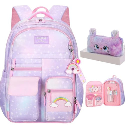 Kids Backpack for Girls Girls Backpack Rainbow School Bag for Elementary Primary School With Pen Bag -16inch Purple - color: Purple