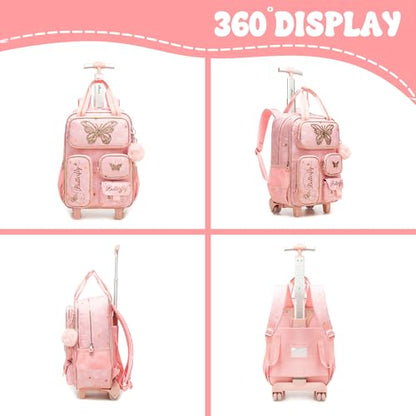 Kids Rolling Backpack with Wheels for Girls Roller Travel Luggage Kids Carry on School Backpack for Girls Ages 6-8 - color: Pink 03