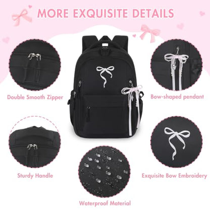 Kids Backpack for Girls - 3PCS Cute Embroidered Bow Girls Backpack with Insulated Lunch Bag & Pencil Case - Bookbag for Teen Women Middle High School College Work Travel Daypack - color: Black