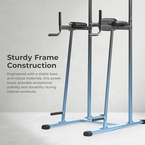 Sunny Health & Fitness Power Tower Dip Station & Pull-Up Bar, Multi-Function Strength Training Equipment with Captain’s Chair, Push-Up Bars & Core Workout for Home Gym