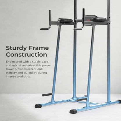 Sunny Health & Fitness Power Tower Dip Station & Pull-Up Bar, Multi-Function Strength Training Equipment with Captain’s Chair, Push-Up Bars & Core Workout for Home Gym