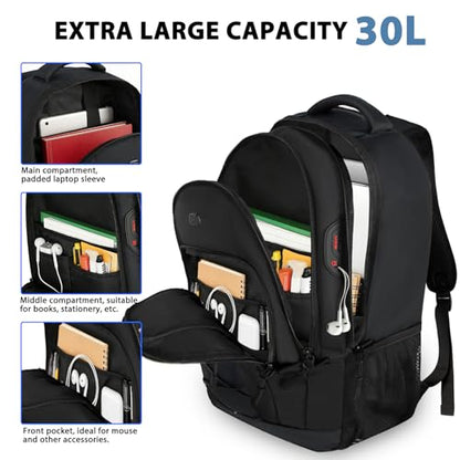Goloni Laptop Backpack for Men Women, 17 Inch Travel Backpack with USB Charging Port, Water Resistant Lightweight Backpack with Compartments, 30L Casual Daypack,Black - color: Black