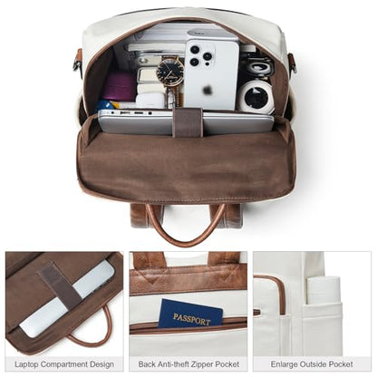 Shrrie 15.6 inch Laptop Backpack for Women,Large Leather Backpack Purse,Travel,Carry on,Water Resistant Casual Laptop Backpacks,College Backpack,Work Backpack for Women,Beige with Brown - color: Beige With Brown