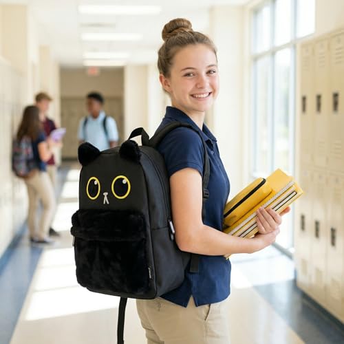 Kawaii Black Cat School Backpack with Cute Fur 3D Face Fluffy Casual Aesthetic Bookbag Simple Laptop Backpack Waterproof Daypack for Women Men (Black Cat) - style: Kawaii Black Cat Backpack