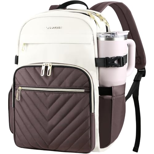 VANKEAN Laptop Backpack for Women with Pouch Pocket for Large Capacity Tumbler, 15.6 Inch Laptop Computer Bag Travel Backpack Purse,Waterproof Work Business College Teacher Bags, Beige-Coffee - color: Beige-coffee, size: 15.6 Inch