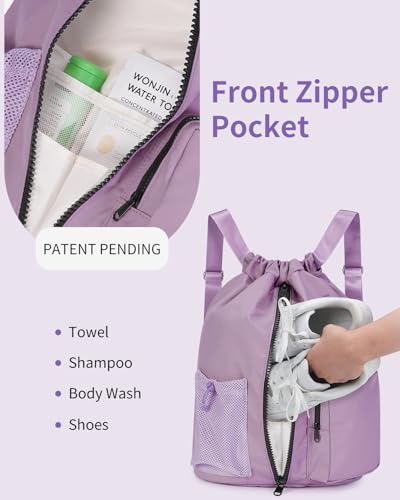 WANDF Drawstring Backpack Sports Gym Bag with Shoes Compartment, Water-Resistant String Beach Sackpack Swim Bag for Women and Men (Lilac Purple) | with Shoes Compartment - color: Lilac Purple