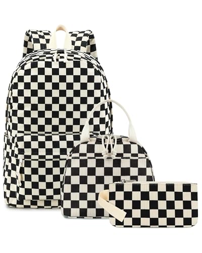 LOIDOU Backpack for Teen Girls Bookbags School Backpack with Lunch Box and Pencil Case 3 in 1 School Bags Set - color: Black and white check