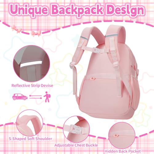 Girls Backpack with Lunch Box Set, 4 PCS Cute Kawaii School Bookbag for Elementary Girls, Pink Aesthetic Large Laptop Backpack for Kids & Teens - color: Pink