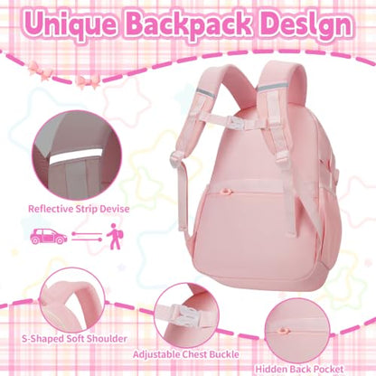 Girls Backpack with Lunch Box Set, 4 PCS Cute Kawaii School Bookbag for Elementary Girls, Pink Aesthetic Large Laptop Backpack for Kids & Teens - color: Pink