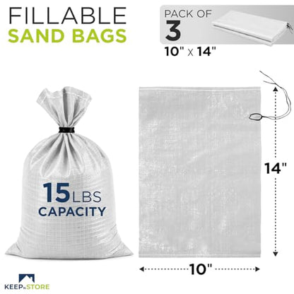 Heavy Duty Sand Bags Pack of 3, White Empty Sandbags with Built-In Ties, Woven Polypropylene UV Protection 1600 Hours, Fillable Sand Bags for Flood Control, Weight, 10x14 inches, 15 Pounds Volume - size: 10"W x 14"L, style: Pack of 3