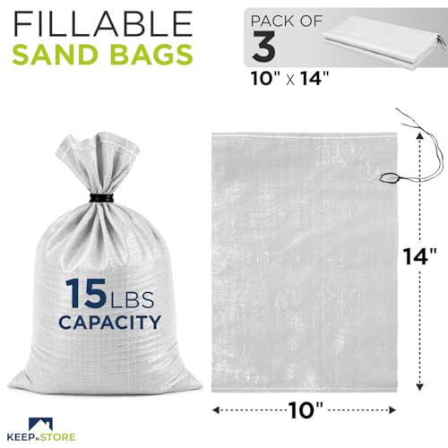 Heavy Duty Sand Bags Pack of 3, White Empty Sandbags with Built-In Ties, Woven Polypropylene UV Protection 1600 Hours, Fillable Bags for Flood Control, Weight, 12x20 inches, 25 Pounds Volume - size: 12"W x 20"L, style: Pack of 3