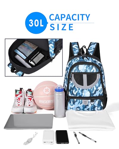 Basketball Bag Backpack for Men Women with Ball & Shoes Compartment 30L Capacity Lightweight Breathable Boys Girls Soccer Ball Bag Backpack Fit Volleyball Football Sports Travel School Gym - color: TK8BlueCamo