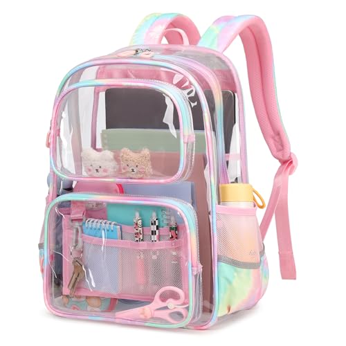 Sisipoet Pink Clear Backpack for Girls Heavy Duty Clear Bookbag, See Through Backpack for School, Stadium Events and Concert, Transparent Backpacks - color: Pink/Tie-dye