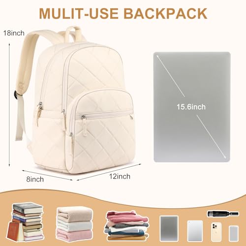 ZUBOND Backpack for Women, Quilted Puffer Casual Daypack, College School Backpack for Girls, Water-Resistant Bookbag for 15.6 Inch Laptop - color: Beige