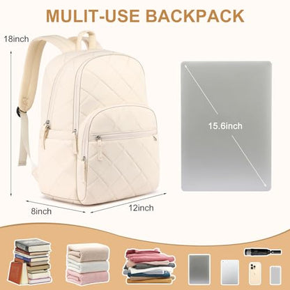 ZUBOND Backpack for Women, Quilted Puffer Casual Daypack, College School Backpack for Girls, Water-Resistant Bookbag for 15.6 Inch Laptop - color: Beige