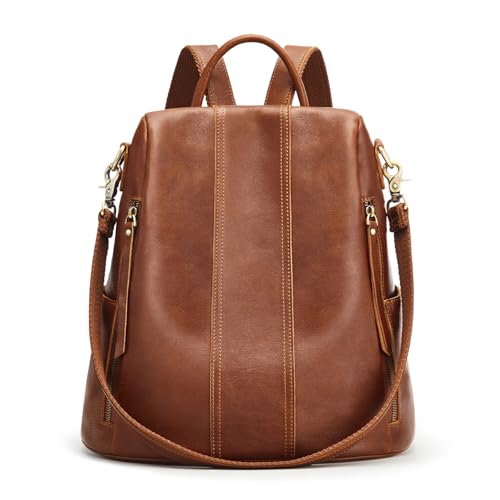 S-ZONE Leather Backpack Purses for Women Antitheft Rucksack Shoulder Bag Medium - color: 4-cognac