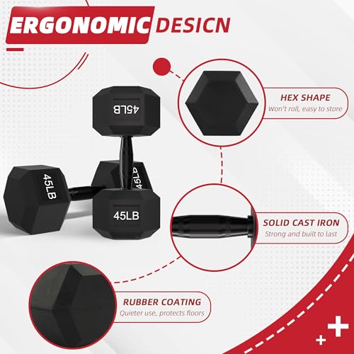 Rubber Encased Hex Weights Dumbbells Set of 5 – 50 lb Pair | Cast Iron Hand Weights with Anti-Slip Grip for Home Gym Strength Training - size: 45 lbs Pair