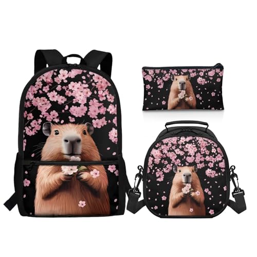 3Pcs Kid Backpack Set Backpack with Lunch Bag Pencil Case 3 Pack Set Elementary School Bag Bookbag 17 Inch Daypack Capybara Cherry Blossom Print - color: Fish
