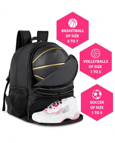 Basketball Bag Backpack for Men Women with Ball & Shoes Compartment 30L Capacity Lightweight Breathable Boys Girls Soccer Ball Bag Backpack Fit Volleyball Football Sports Travel School Gym - color: TK13Black