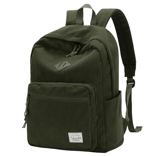 VASCHY Corduroy Travel Backpack, Vintage Casual Kawaii Cute Aesthetic Fuzzy Fluffy Plush Fleece Rucksack Daypack for School Teens/Man/Women Dark Green - color: Dark Green