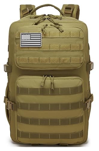 Wotony Military Tactical Backpack for Men Waterproof Daypack 3 Day Assault Pack Molle Bag with Water Bottle Holder - color: Khaki, size: 50L