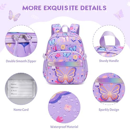 Toddler Backpack for Girls Ages 5-8, 3PCS Girls Backpack with Lunch Bag & Pencil Case - 15inch Kids School Bookbag for Preschool Kindergarten Elementary School (Purple Butterfly) - color: Purple Butterfly