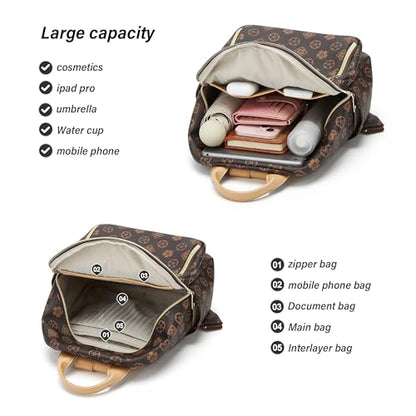 Makes Mini Backpack for Women, Stylish Daypack Purse Handbag Small Casual Daily Travel Bag, Lady Girls Gifts for Work School, 2pcs Sets - color: Coffee Flower