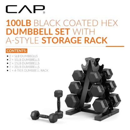 CAP Rubber Coated Hex Dumbbell Set with Storage Rack | 100–210 lb Options, Space-Saving Vertical Compact Storage for Home Gym Strength Training - size: 100 lb - Set, style: Black Handle