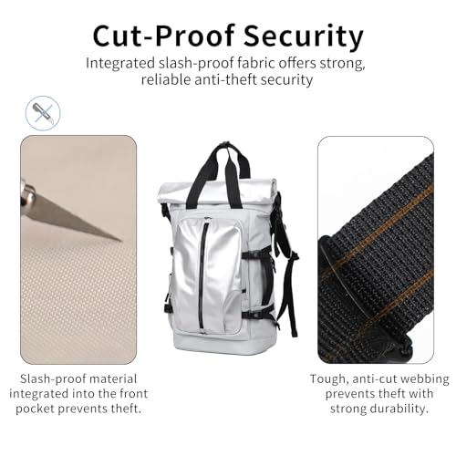 Rolltop Backpack, Travel Rucksack for Men Women, Anti Theft Backpacks with 15.6-inch Laptop Compartment, Waterproof Casual Daypack for Work, Business, Commuter and College - color: Light Grey