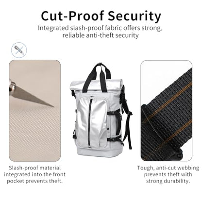 Rolltop Backpack, Travel Rucksack for Men Women, Anti Theft Backpacks with 15.6-inch Laptop Compartment, Waterproof Casual Daypack for Work, Business, Commuter and College - color: Light Grey