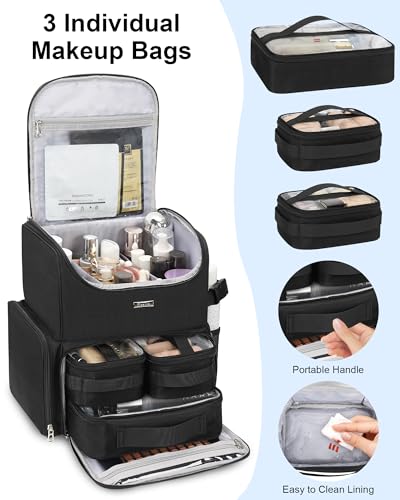 Relavel Makeup Backpack Large Makeup Bag with 3 Clear Set Bags, Dual Layer Professional Cosmetic Organizer Travel Train Case Makeup Artist Kit with Adjustable Dividers & Easy to Clean Lining, Black - color: Black, size: Large