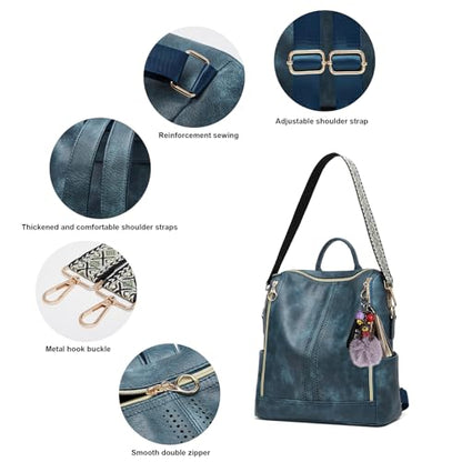 Makes Backpack Purse for Women PU Leather Travel Satchel Handbag Convertible Design Bag with Purse - color: Blue Quadruple Zipper