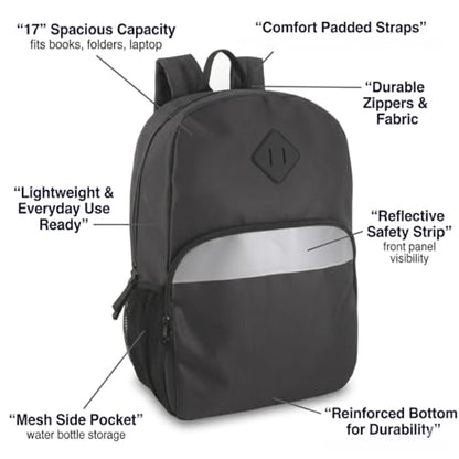 Trail maker (24 Pack) 17" Backpack – Reflective School Backpack with Padded Straps, Water Bottle Pockets for Kids & Adults, School Travel Camp (Black) - color: Black