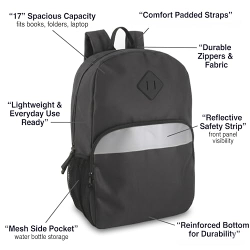 Trail maker (24 Pack) 17" Backpack – Reflective School Backpack with Padded Straps, Water Bottle Pockets for Kids & Adults, School Travel Camp (Black) - color: Black