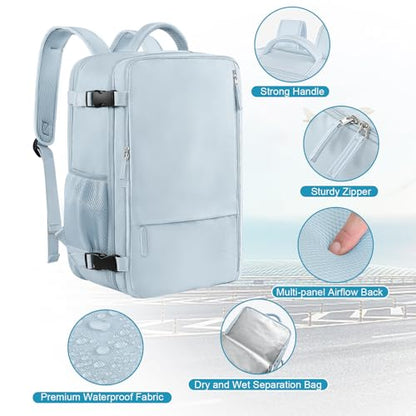Sinaliy Large Expandable Travel Backpack for Men and Women, 17 Inch Laptop, Waterproof, Casual, College, Business, Hiking, Camping - color: Light Blue