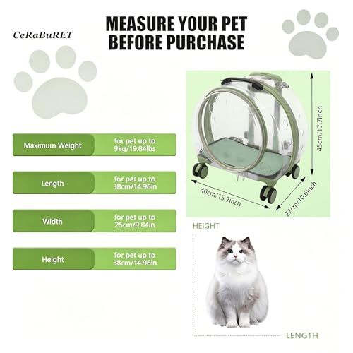 Cat Carrier with Rolling Wheels, Clear Pet Trolley Case Pet Backpack with Multiple Ventilation Holes for Cats and Dogs, Green - color: Green Cat Carrier