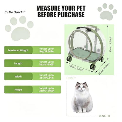 Cat Carrier with Rolling Wheels, Clear Pet Trolley Case Pet Backpack with Multiple Ventilation Holes for Cats and Dogs, Green - color: Green Cat Carrier