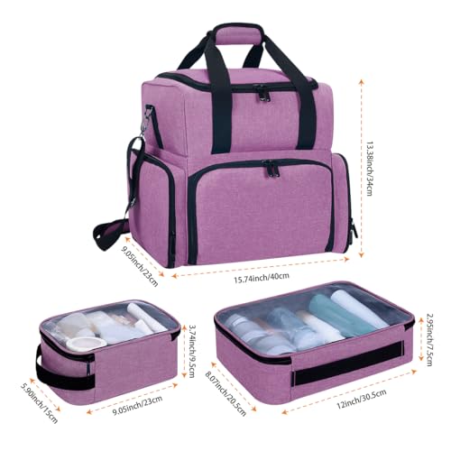 Large Makeup Cosmetic Bag with 3 Removable Case and 2 Removable Dividers Double Layer Travel Storage Organizer, Makeup Brushes Storage Section Purple - color: Purple