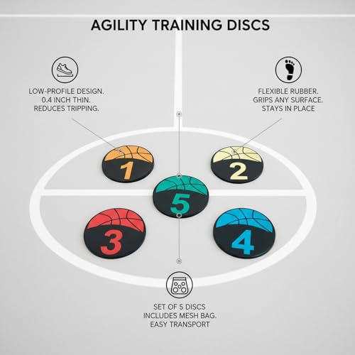 5-Pack Rubber Agility Training Discs with Numbers, Flat Speed Markers for Soccer & Basketball Drills, Low-Profile Cones with Mesh Carry Bag