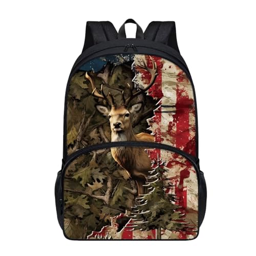 Talayituse Deer Camo Print Backpack for Kids Children, Retro American Flag Lightweight Comfortable School Backpack Large Capacity School Bag for Girls Boys, Outdoor Casual Athletic Shoulder Daypack - color: Deer Camo Retro American Flag
