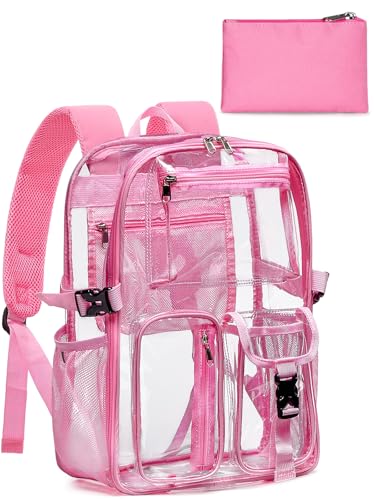 Clear Backpack Heavy Duty for Women Men Boys Girls, Large Clear Bookbag See Through Backpack for School College - color: 13-7#pink+pouch