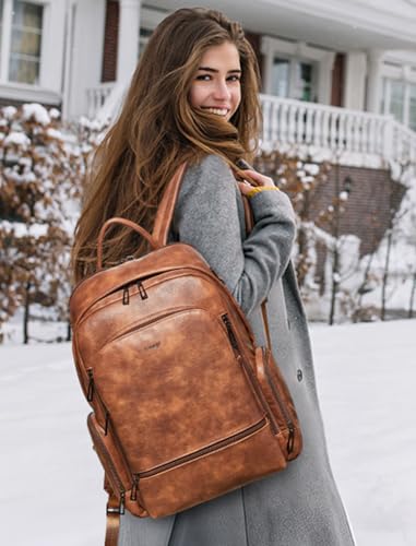 Leather Backpack for Women Men, Fits 16.0 Inch Laptop, Soft Vegan Leather Backpack for Travel and Daily Use, Brown - color: 1-1 Brown