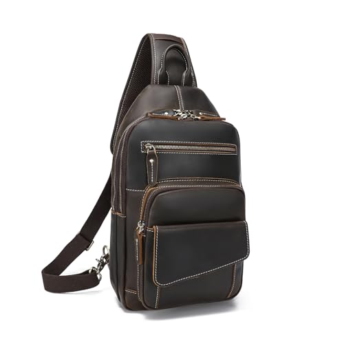 LANNSYNE Full Grain Leather Casual Sling Bag For Men Hiking/Travel/Business Crossbody Chest Bag Fits 12.9" iPad - color: Brown for 12.9 Ipad