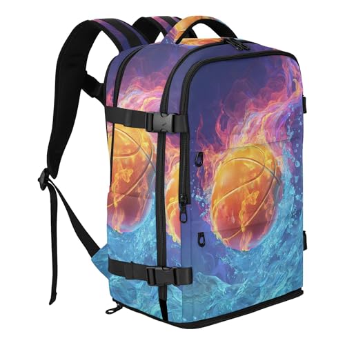 Colorful Basketball Water Fire Travel Backpack 20L Large Capacity with Laptop Compartment, Multiple Pockets, Separate Shoe Compartment for Business, Commuting, Outdoor Trips